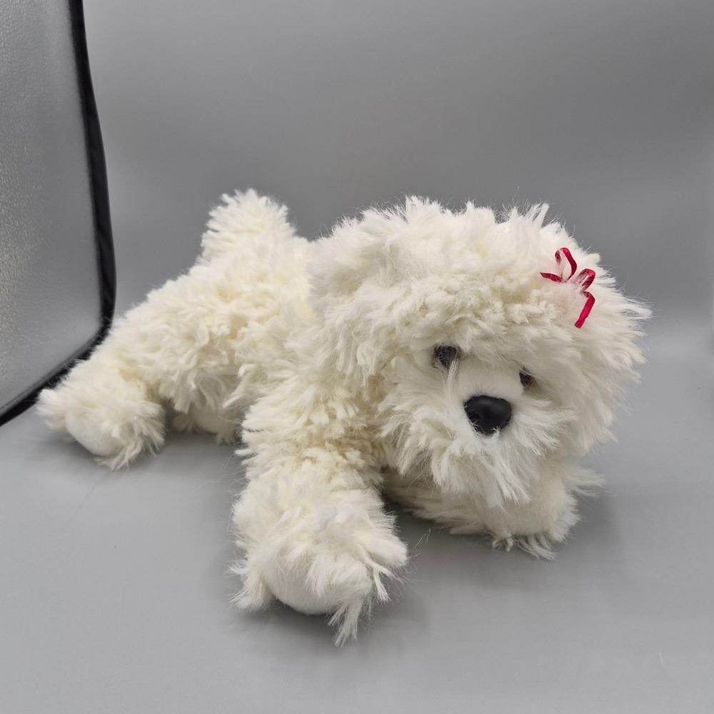 Douglas Cuddle Toys White Shaggy Bichon Frise Poodle Dog Plush Red Bow Accent